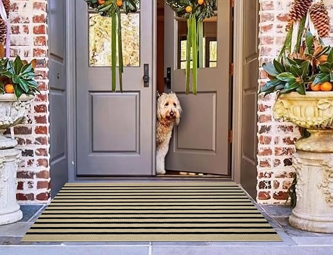 Black Khaki Striped Rug -2.3'x3.6' Front Door Mats Outdoor,Small Washable Throw Rug for Front Porch, Spring Welcome Mats Outdoor Indoor Doormat for Entryway Porch Entrance