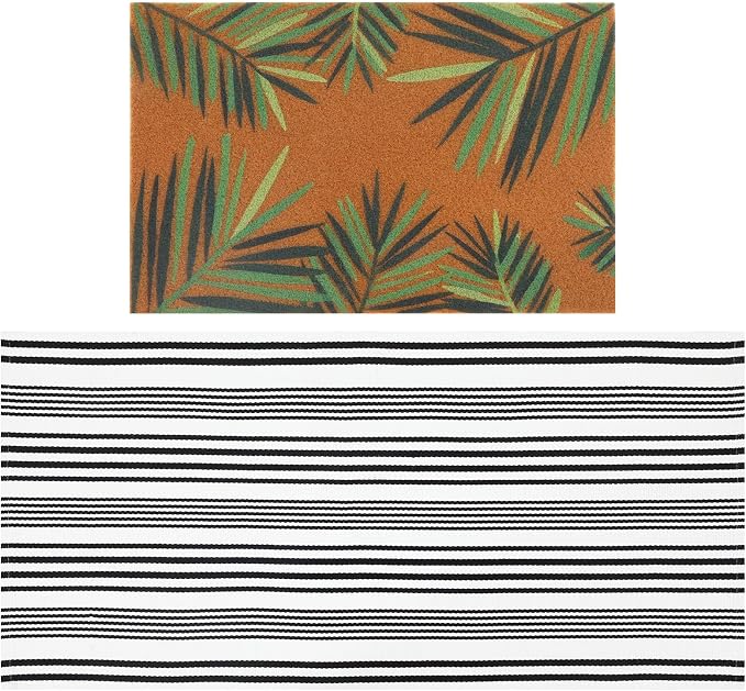 2 Pcs Outdoor Door Mat Combo Set Layered Outdoor Rug and Coir Welcome Doormat Non Slip Outside Floor Mat for Front Porch Entryway Patio Yard Decor(Palm Leaf,24'' X 51',18'' X 28'')