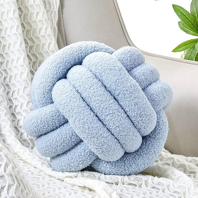 Uvvyui Knot Pillow Ball, Soft Home Decorative Round Throw Pillow, Handmade Knotted Plush Pillow, Round Boucle Pillow Cushion (8.6 Inches Blue)