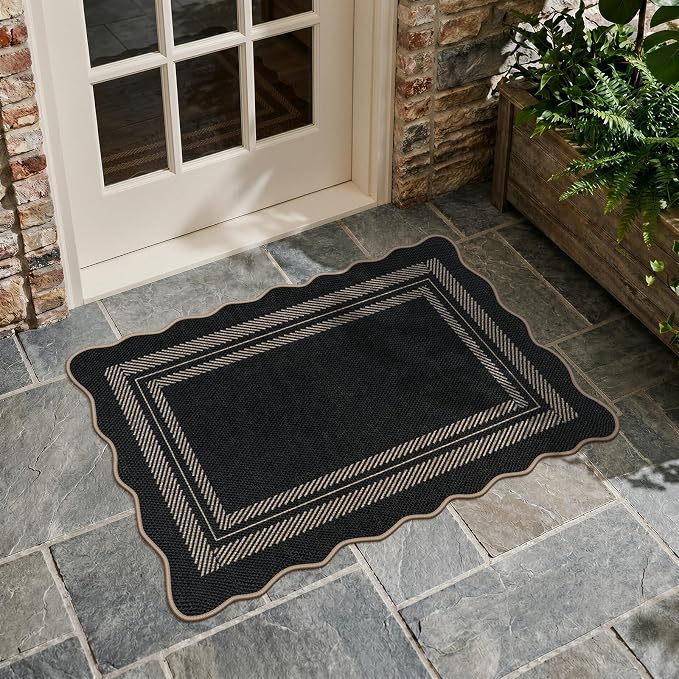 LIVEBOX Scalloped Easy Jute 2x3 Front Door Mat Black Kitchen Rug, Washable Small Indoor Outdoor Rug for Entryway, Tan Non Slip Farmhouse Area Rugs, Neutral Carpet Doormat for Porch Doorway Foyer