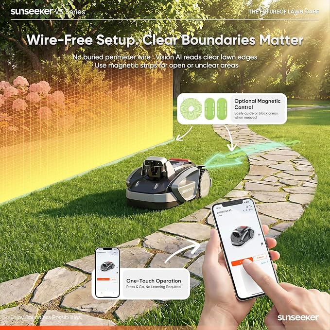 Sunseeker V3 Robot Lawn Mower, Vision AI, 0.15 Acre, Wire-Free | Easy routine mowing for first-time robot mower owners with small, simple yards and clear boundaries.