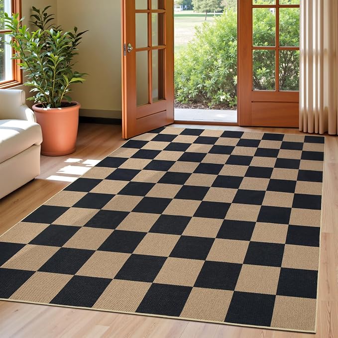 EDIMENS Checkered Easy Jute 5x7 Outdoor Rug Washable Living Room Area Rugs | Black Non Slip Outdoor Patio Rug Diamond Indoor Black Farmhouse Geometric Carpet for Backyard Front Porch Balcony