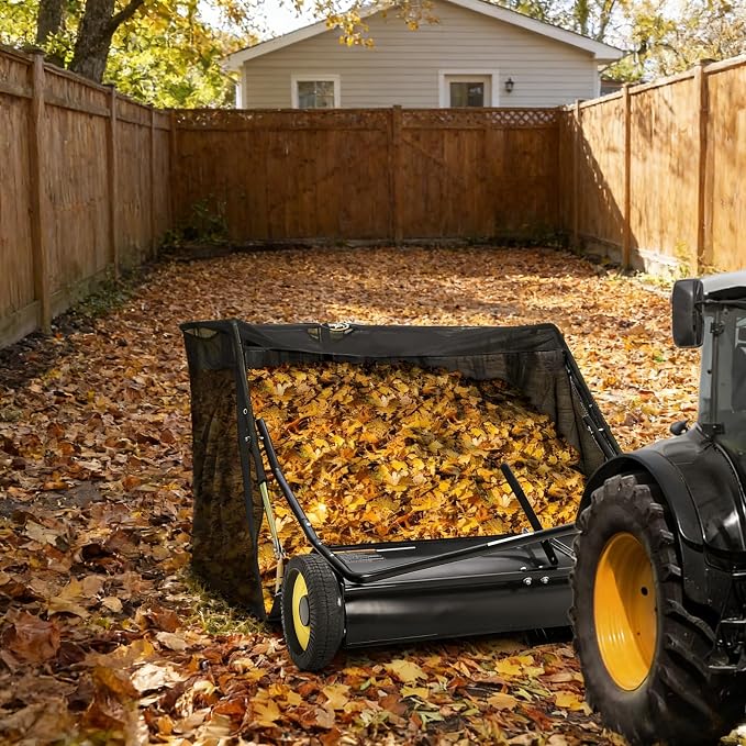 48" Large Capacity Pull Behind Lawn Sweeper with Adjustable Sweeping Height - Leaf & Grass Collector with Dumping Rope Design for Picking Up Grass and Debris