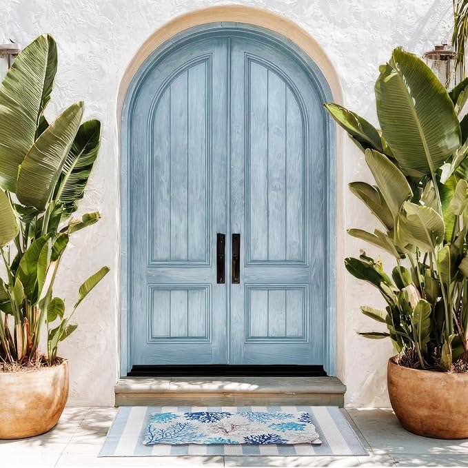Fourluoo 2 Piece Beach Door Mat Combo Set 100% Coco Coir Welcome Mat and 28 x 40 Inch Blue White Striped Rug Layering Front Door Rug for Outdoor Entrance Front Porch