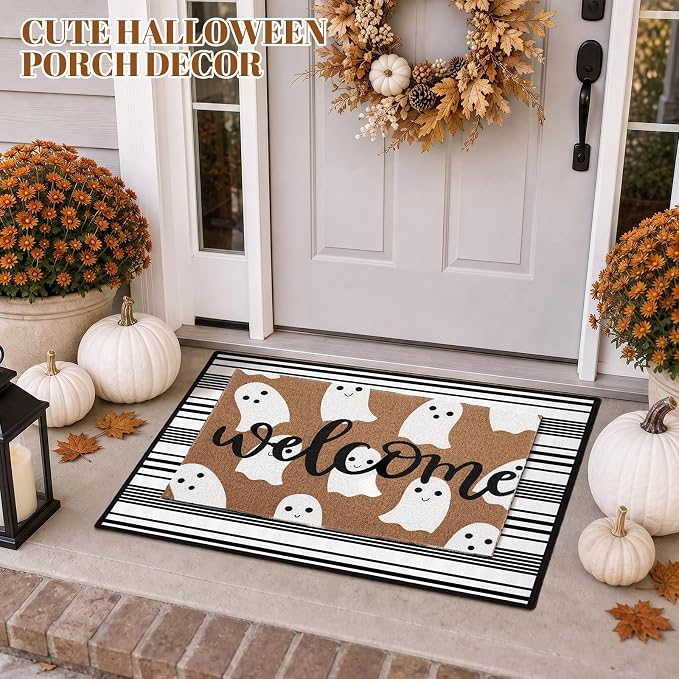 2Pcs Halloween Welcome Ghost Doormats, 16 x 24 in Brown Ghost Door Mat And 24 x 32 in Black White Striped Layering Rug, Fall Porch Decor For Indoor Outdoor Entryway Patio Kitchen Bathroom Floor