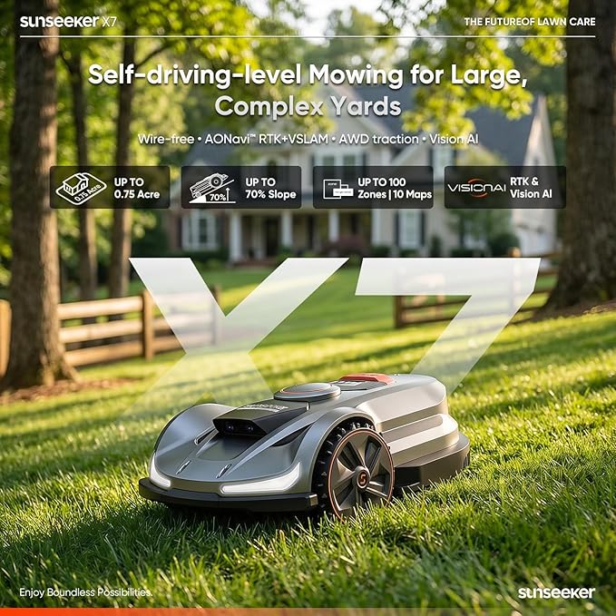 Sunseeker X7 AWD Robot Lawn Mower, RTK, Vision AI, 0.75 Acre, Wire-Free | Flagship AWD mowing for homeowners with large, challenging yards, steep slopes and uneven terrain.