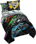 Monster Jam Trucks Full Size Comforter Set 7 Piece Kids Bedding, Black | Grave Digger Megalodon, Comforter Sheets Shams Pillowcases, Official Product, Soft Microfiber, Machine Washable, Boys Gift
