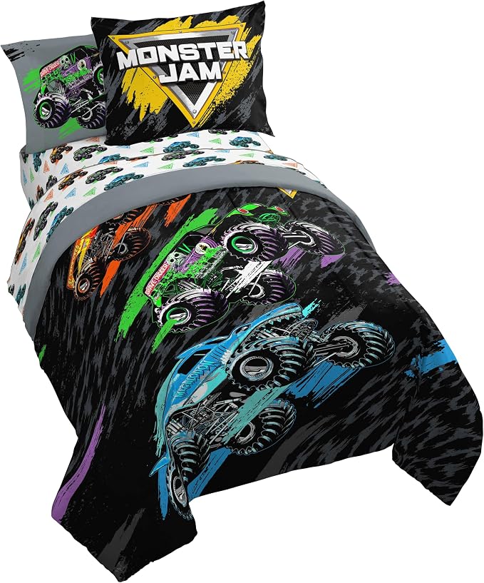 Monster Jam Trucks Full Size Comforter Set 7 Piece Kids Bedding, Black | Grave Digger Megalodon, Comforter Sheets Shams Pillowcases, Official Product, Soft Microfiber, Machine Washable, Boys Gift