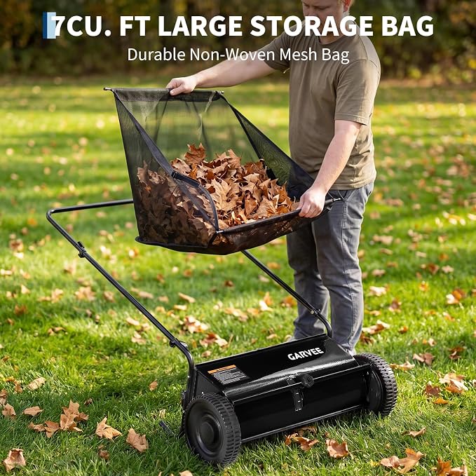 Push Lawn Sweeper 26in,Manual Push Leaf and Grass Sweeper | Heavy Duty Walk-Behind Lawn Sweeper,7ft³Removable Collection Bag,4 Rubber Wheels,Ideal for Garden, Park and Yard