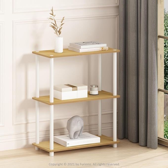 Furinno TURN-N-TUBE Storage Shelves, 3-Tier Book Shelf, Corner Shelf, Toolless Open Shelves, for Organization and Storage, Living Room, Garage, Home Office, Beech
