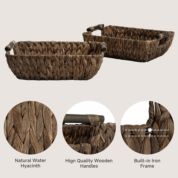 StorageWorks Wicker Baskets for Organizing, Woven Basket with Wooden Handles, Wicker Storage Baskets, Brown, 2-Pack