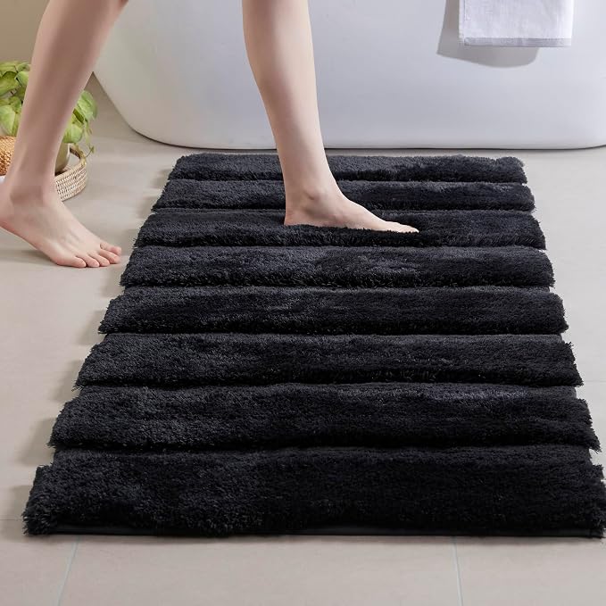 Madison Park Tufted Pearl Channel Bath Rug Non-Slip, 24 x 58, Black | Soft Pile, Machine Washable, Striped Pattern, Absorbent, Plush, OEKO-TEX Certified
