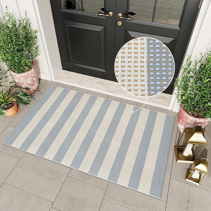 OJIA Outdoor Rugs 3'x5', Welcome Mat for Front Door Mat Outside Entrance | Washable Outdoor Area Rug Entryway Rugs Indoor Front Porch Rug Cotton Small Checkered Rug Carpet for Entry/Patio/Living Room