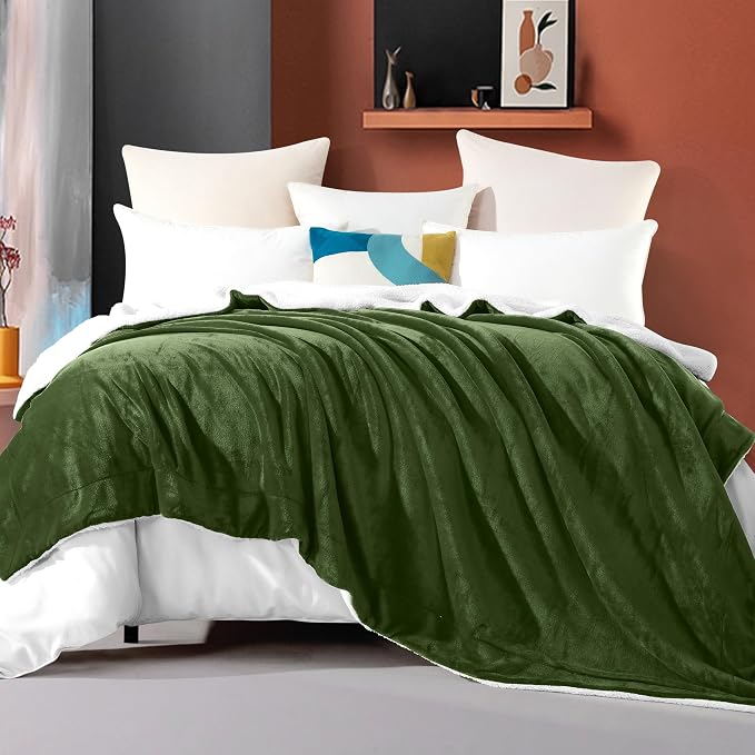 Elegant Comfort Ultra Soft Reversible Flannel Sherpa Blanket - Cozy Silky Fleece Throw for Couch, Bed - Plush Fuzzy Warm Winter Blanket for Gift, Twin, Sage