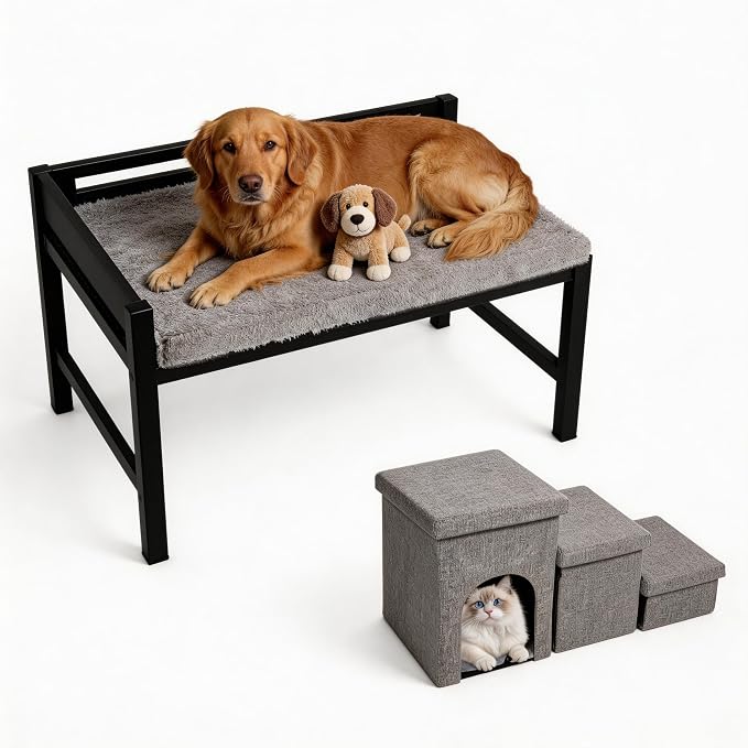 Wooden Bedside Dog Bed with Stairs, 41‘’x27'' Dog Co-Sleeper for Human Bed, Pet Bunk Bed with Removable Mattress, Foldable 3-Step Stairs and Guardrails for Large Dogs
