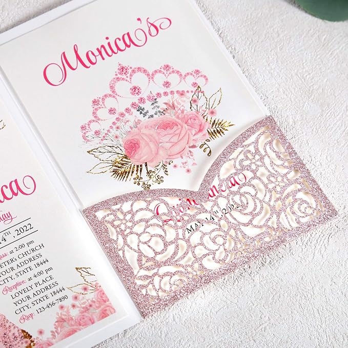 50PCS Personalized Rose Gold Quinceanera Invitation Cards | 4.7x7 inch, Laser Cut Hollow Rose Pocket, Miss XV, Sweet 16, 18th Birthday, Quince Invite, with Envelopes