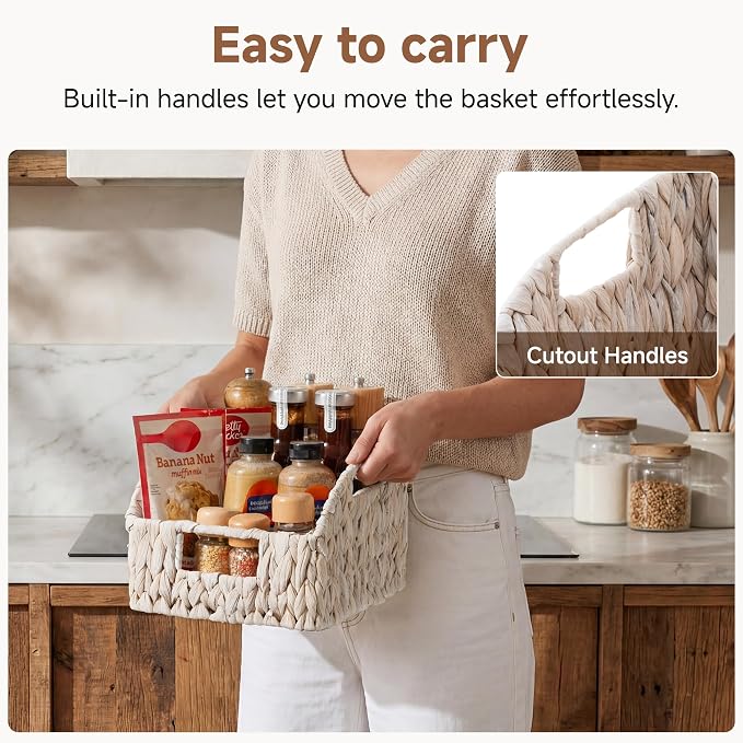 StorageWorks Pantry Baskets for Organizing, Wicker Baskets with Handles, Woven Baskets for Pantry Storage, Water Hyacinth Storage Basket for Shelves, White, 2-Pack