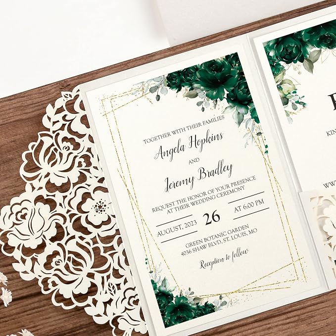 DORIS HOME 50Pcs Personalized Laser Cut Wedding Invitations, Ivory | 4.7"x7.1", Customized Anniversary Invitations, With Envelopes