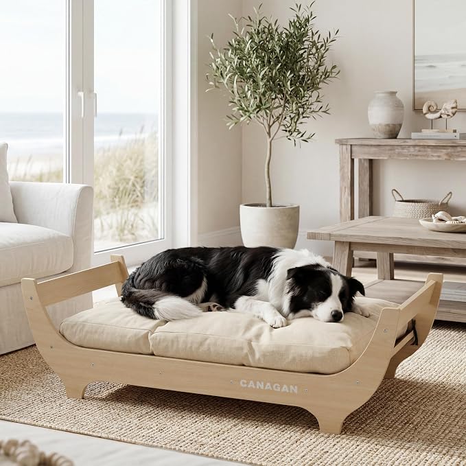 CANAGAN Elevated Wooden Dog Bed with Cushion, Natural Wood, Large | Raised Dog Couch Bed with a Washable Cover and Plush PP-Filled Cushion, Designed for Large Dogs and Stylish Indoor Living