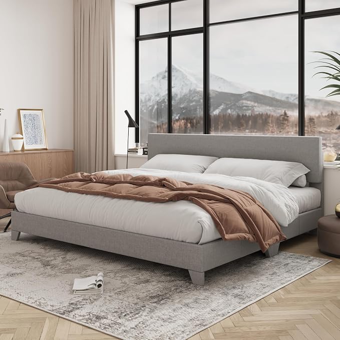 Allewie King Size Upholstered Bed Frame Adjustable Headboard, Light Grey | Platform Bed with Heavy Duty Mattress Foundation, Noise-Free, Easy Assembly, Wood Slat Support, No Box Spring Needed