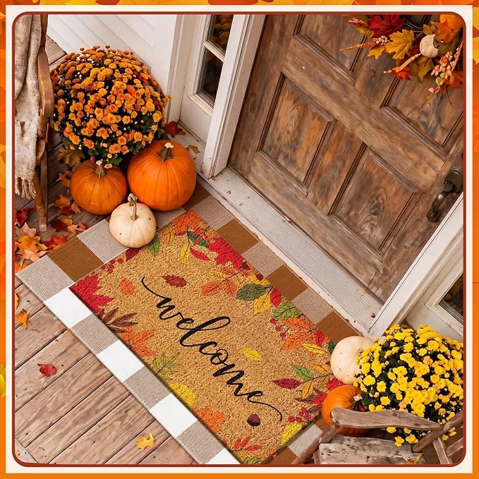 Moucuny 2 Pcs Fall Doormat Outdoor Maple Leaf Coir Welcome Mat 16'' x 28'', Layered Brown White Plaid Rug 24'' x 35'' for Fall Autumn Front Porch Entryway Entrance Decor