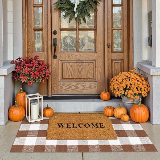 Buffalo Plaid Checkered Rug 24"x51" Fall Front Door Mat Outdoor Welcome Mat | Washable Front Door Mats Outdoor Entrance Porch Entryway Carpet Woven Autumn Welcome Mats Indoor Farmhouse Layered Doormats