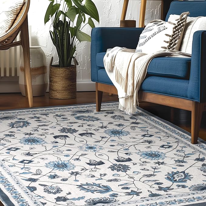 EVERGRACE Area Rugs for Living Room 4x6, Boho Floral Faux Wool Indoor Outdoor Rugs, Washable Rugs for Bedroom Entryway Dining Room Hallyway, Low Pile Floor Mat Carpet for Home Decor, Porcelain Blue