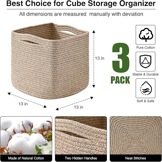 ICERZCZ 13 Inch Cube Closet Storage Bins, Woven Cotton Rope Organizer Baskets for Organizing & Shelves, Books, Towels, Clothes, Toys, 13x13x13 in, Brown (Pack of 3)