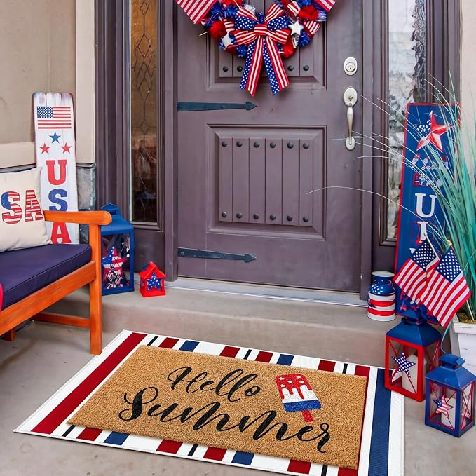 Moucuny 2 Pcs Patriotic Door Mat Hello Summer 4th of July Coir Door Mat Outdoor 250 Anniversary Red White Blue Stripe Welcome Rug Non-Slip Independence Day Doormat Outside Porch Front Decor