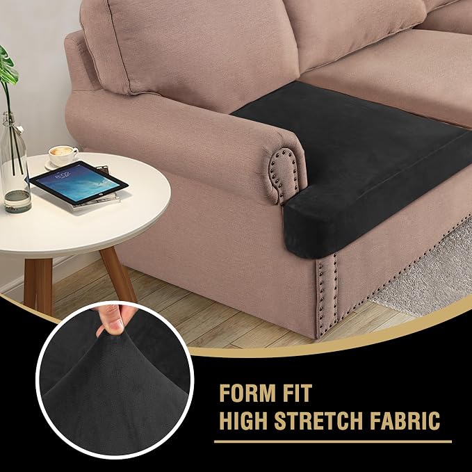 H.VERSAILTEX Stretch Velvet 2 Piece T Cushion Sofa Slipcovers Individually Sofa Cushion Covers for 2 Cushion Couch Seat Cushion Covers for Sofa Seat Cushion Covers Stay in Place (Sofa, Black)