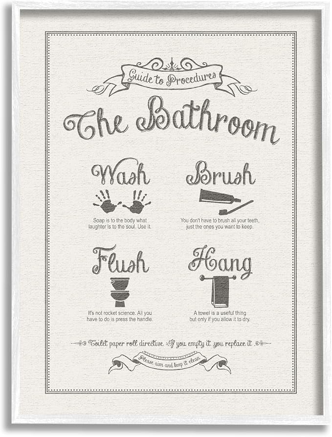 Stupell Industries 'Guide to Bathroom Procedures Linen Look', Framed Giclee Art, White, 11 x 14 Inches, Easy to Hang and Sturdy, Made in USA, by Lettered and Lined