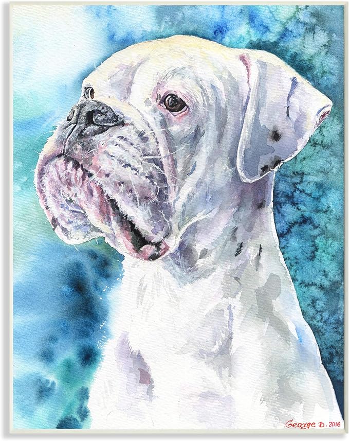 White Boxer Gaze Pet Portrait, 10 x 15 Inch Mounted Print on Wall Plaque | Stupell Industries · By George Dyachenko · Ready to hang · Great gift for dog lovers · Made in USA