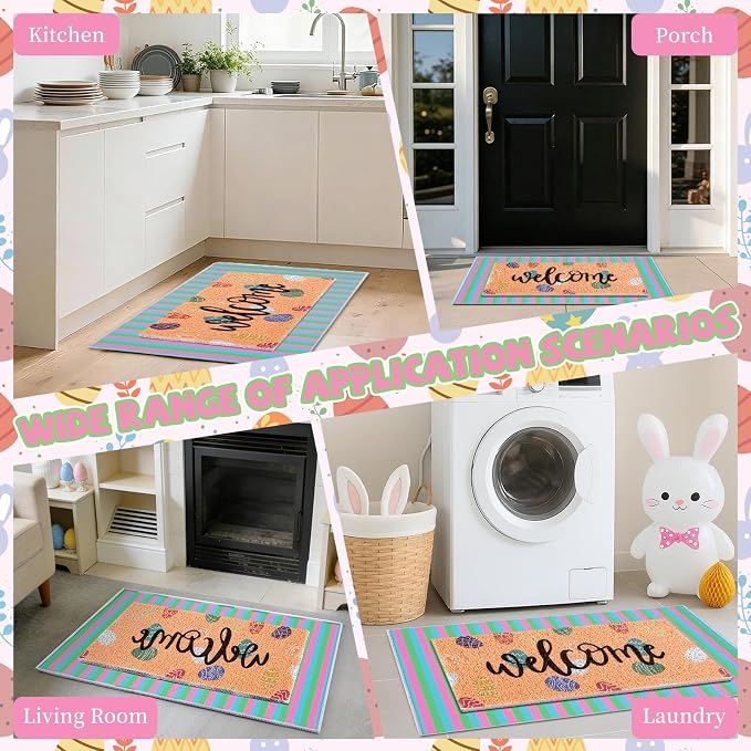 2 Pcs Easter Doormat Outdoor Entrance Colorful Eggs Welcome Door Mat Non Slip Coir Mats Floor Striped Doormat Layering Mat Seasonal for Easter Indoor Front Porch Entryway Decor 23.6 x 31.5 Inch