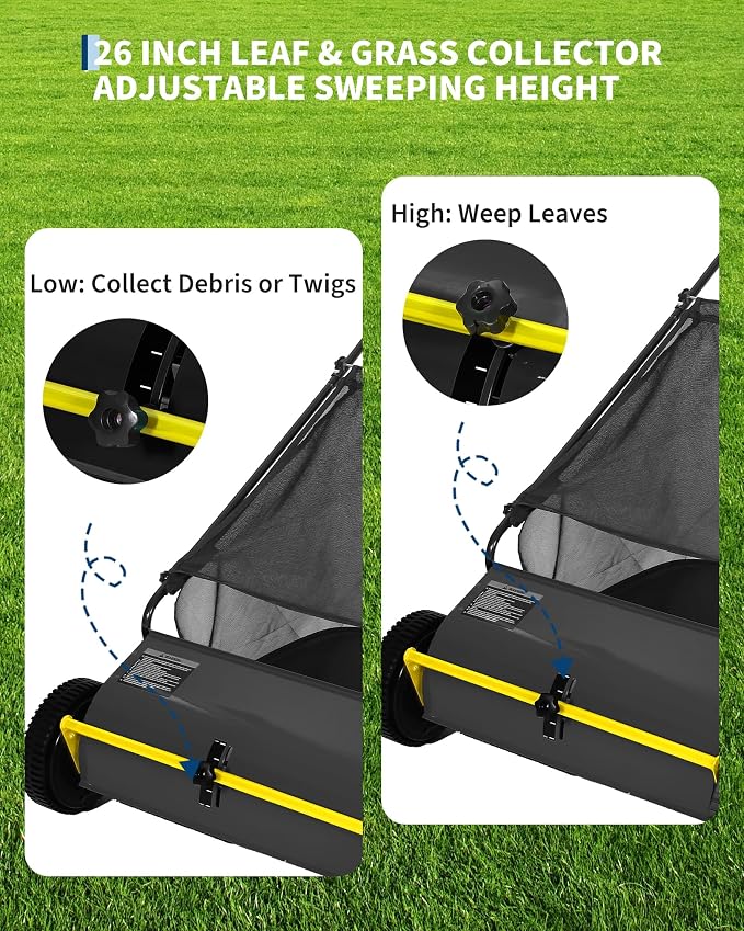 26 Inch Push Lawn Sweeper, 7 Cu.ft Large Capacity Leaf Collector with 4 Spinning Brushes, Adjustable Height Heavy Duty Steel Frame Lawn Sweeper with Rubber Wheels for Yard Garden Grass Leaves Debris