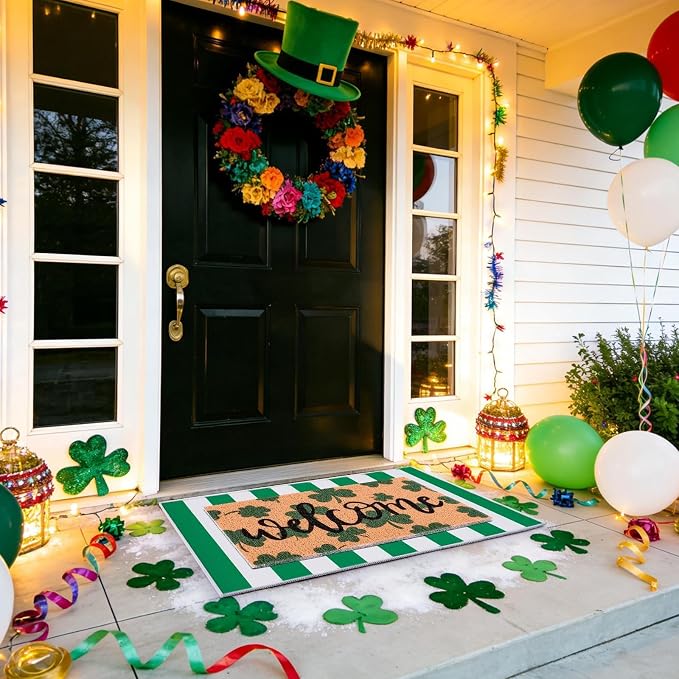 2 Pcs St. Patrick's Day Doormat Shamrock Pattern Welcome Door Mat Non Slip Coir Mat White & Green Striped Layering Mat for St. Patrick's Day Front Door Porch Entryway Decor 23.6 x 31.5 Inch