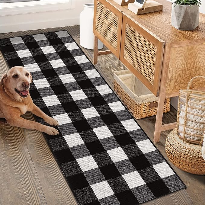 FONEYI Buffalo Plaid Outdoor Rug for Front Door Mats, 2'x6' Black and White Checkered Layered Door Mat with Non Slip Backing, Washable Entryway Rug for Porch, Front Porch and Farmhouse Decor