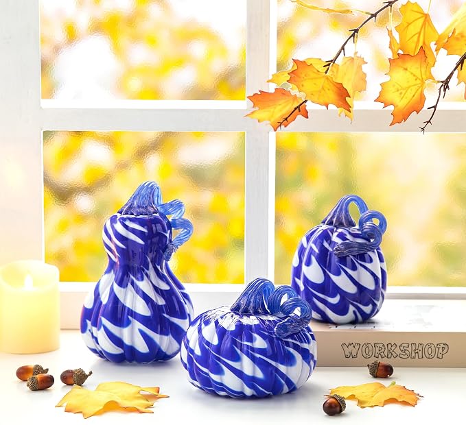 Glitzhome Hand Blown Glass Pumpkin 3pcs Fall Glass Gourd, Blue/White
