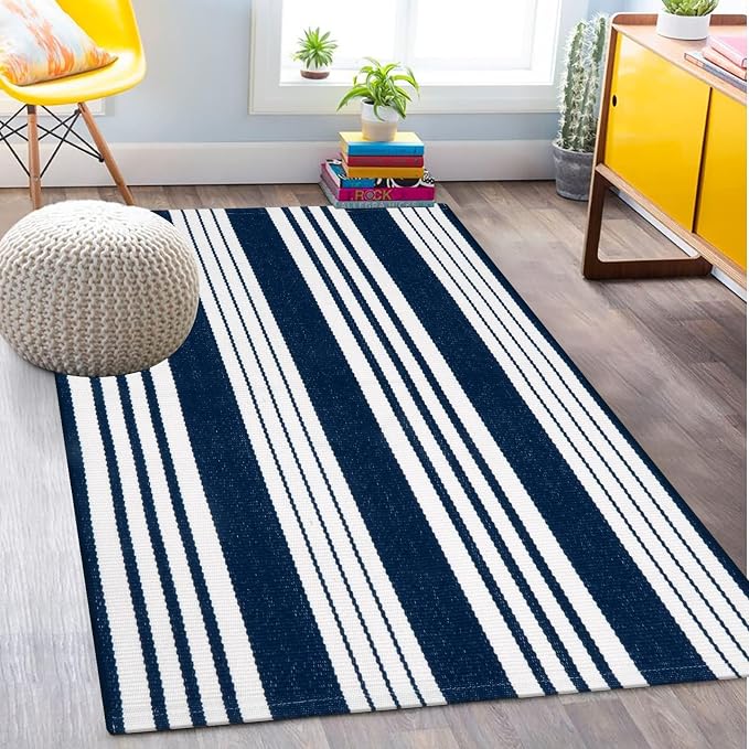 OJIA Blue & White Outdoor Rug 3'x5' Front Porch Rug Outdoor Mat Patio Decor | Cotton Woven Striped Patio Rug Machine Washable Indoor Outdoor Rugs Entry Layered Door Mats for Entryway/Front Door Entrance