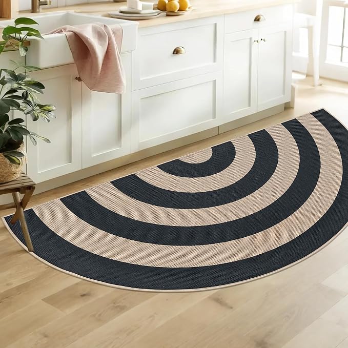Faux Jute Rug 3x6Ft Half Circle Rainbow Doormat Easy Jute Carpet for Farmhouse Bedroom Kitchen, Non-Slip Half Round Neutral Floor Mat for Living Room Kids Room Indoor Outdoor Decor, Black 2