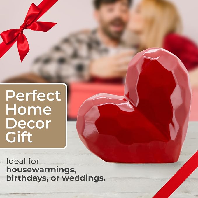 Decorative Ceramic Heart Sculpture for Home Decor - Ornaments for Bathroom, Office, and Living Room Decor - Modern Figurine Accent for Bedroom, Shelf Display, and Coffee Table - 8", Red