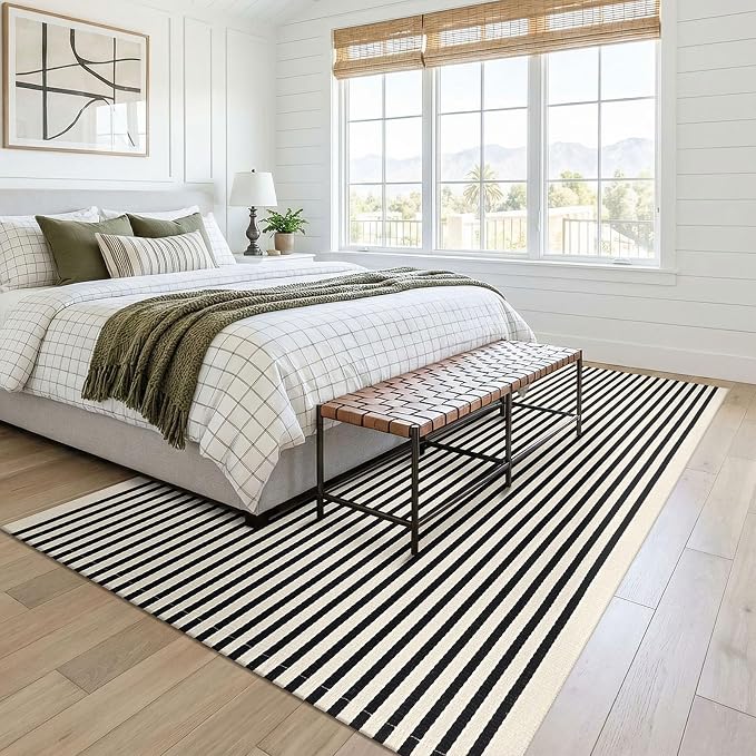 KOZYFLY Beige and Black Rug 5x8 ft Area Rug Woven Washable Striped Rugs Cotton Farmhouse Indoor Outdoor Rugs for Living Room Bedroom Entryway Porch Patio Carpet