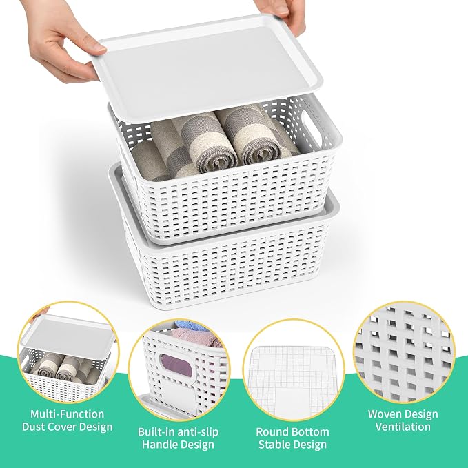 8 Pack Plastic Storage Baskets,White Stackable Bins with Lid | 5.3qt Storage Containers with Labels for Organizing Shelves Drawers Desktop Closet Playroom Classroom Office