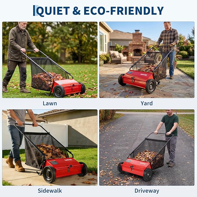 26 Inch Push Lawn Sweeper with Wheels,Manual Push Sweeper for Leaves and Grass Collection,7cu. ft. Hopper Bag,4 Adjustable Spinning Brushes, Ideal for Garden, Patio and Yard Cleanup