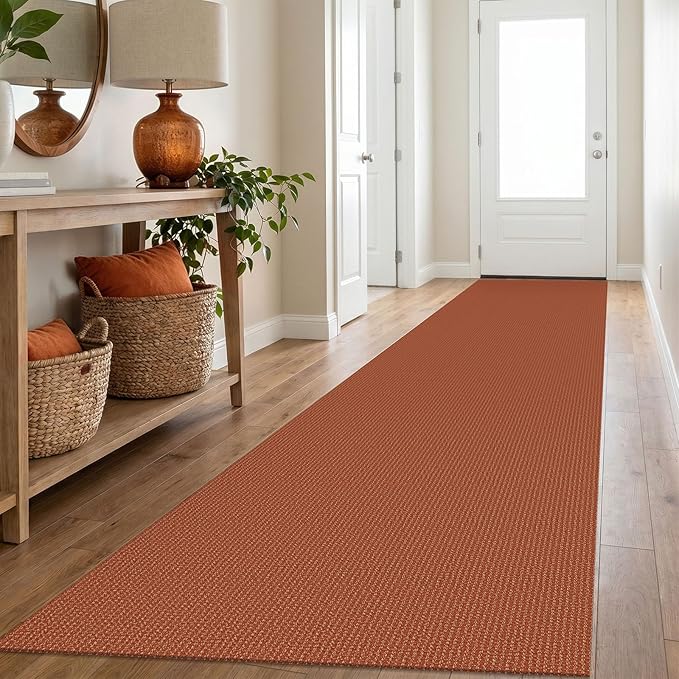 IOHOUZE Washable Exrea Long Hallway Runner Rug 3x16 Non Slip Rubber Backed Kitchen Runner Entryway Runner Indoor, Woven Rugs Floor Carpet for Kitchen Hall Entryway, Burnt Orange/Tan