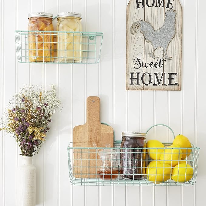 DII Farmhouse Vintage Decor, Wire Wall Basket, Assorted, Aqua, 2 Piece