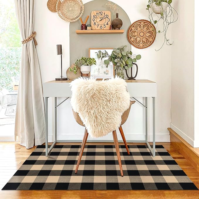 KILOCOCO Buffalo Plaid Checkered Rug 3x5 ft Front Door Rug, Brown and Black | Machine Washable Front Porch Rug, Outdoor Indoor Entryway Rug, Cotton Layered Doormat, Low Pile Rugs for Kitchen Patio