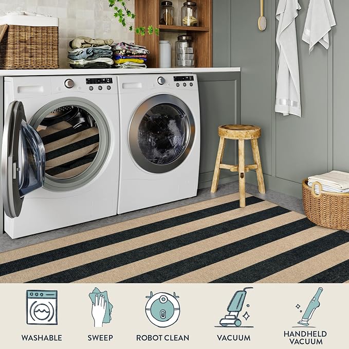 Lahome Striped Easy Jute Kitchen Runner Rug, 2x8 Outdoor Rugs Washable | Non Slip Black Runner for Long Hallway Entryway, Modern Farmhouse Non Shedding 8ft Indoor Carpet for Entry Porch Laundry Room