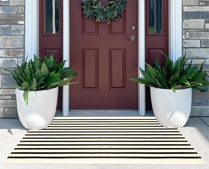 Washable Proch Rug 2.3'X3.6',Beige and Black Entryway Rug Cotton Woven Bathroom Rugs Front Porch Decor for Bedroom/Home Entrance/Front Porch