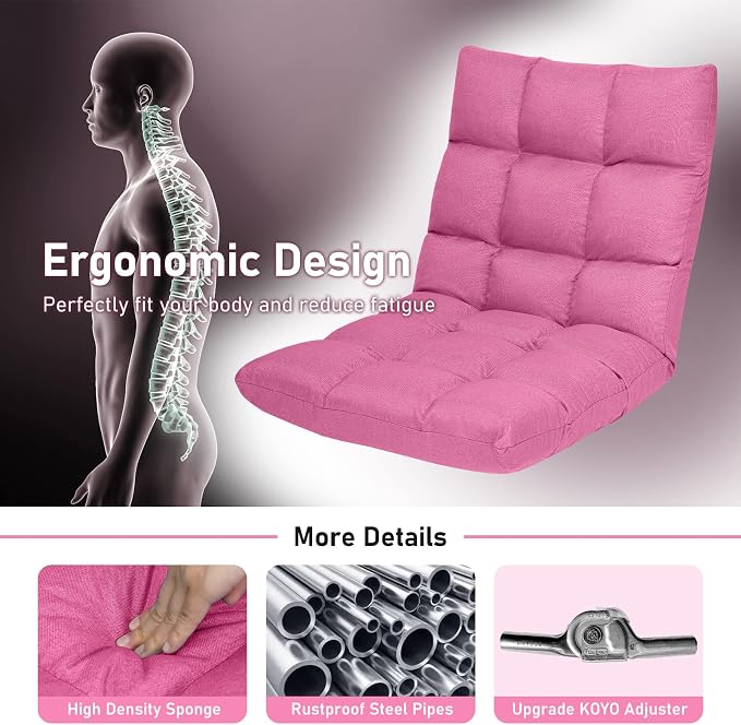 COSTWAY Floor Chair, Folding Gaming Chair with Back Support (Pink) | 14 Adjustable Positions, Alloy Steel Frame, Lazy Sofa Lounge for Playing Reading Meditating Room Recliner for Adults, Kids
