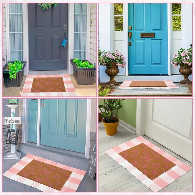 2 Pcs Outdoor Door Mat Combo Set Layered Outdoor Rug and Coir Welcome Doormat Non Slip Outside Floor Mat for Front Porch Entryway Patio Yard Decor(Pink Bow,24'' X 35'',24'' X 16'')